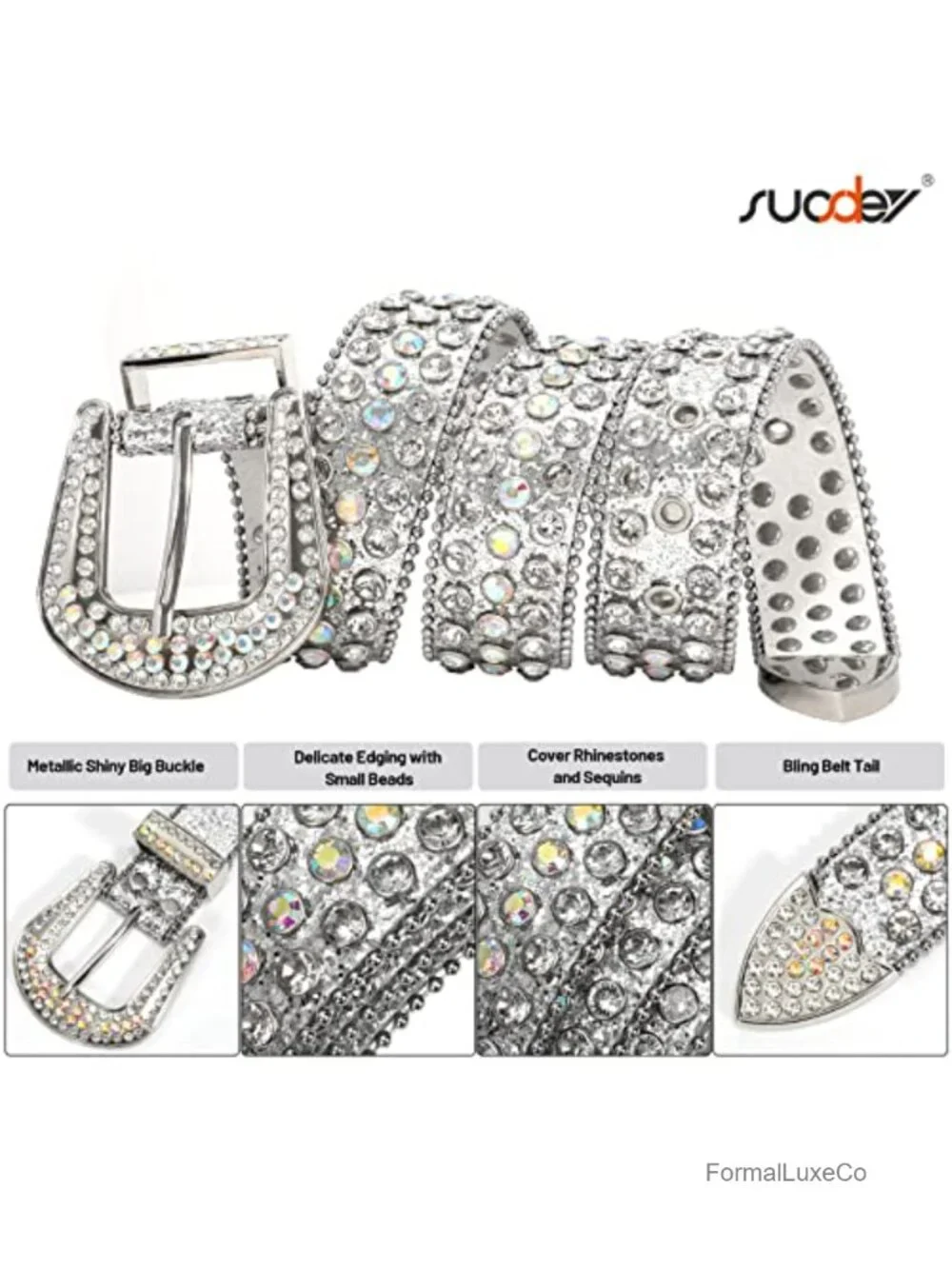 Rhinestone Bling Crystal Belts for Women, Faux Leather Sequin Sparkle Belt